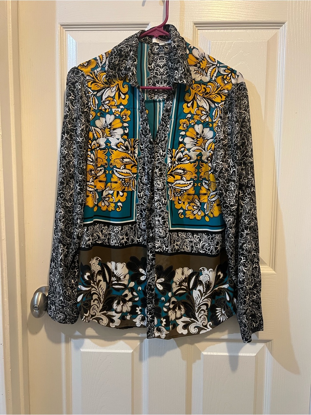 Express Floral Button-Up Blouse in Teal, Yellow & Black